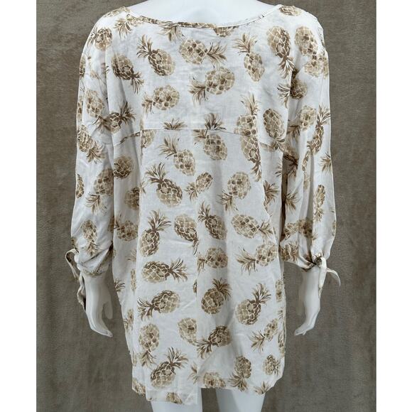 Coral Bay Top Womens 3X Ivory Tan Pineapples Linen Blend Tropical Resort Beach‎ - Picture 5 of 10